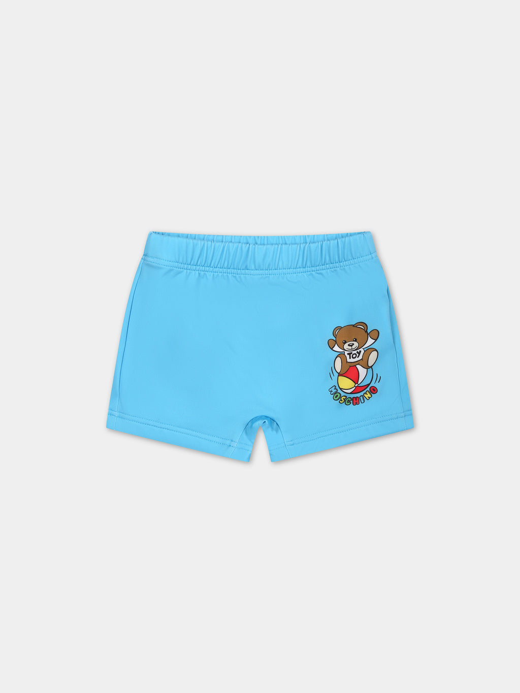 Light blue swimsuit for baby boy with Teddy bear and multicolor logo